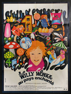 movie poster with a psychedelic illustration of a child's face surrounded by fantastical scenes of children, creatures, candy, rides, and other random scenes