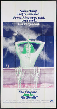 a poster of a woman behind a boat railing holding a harpoon spike fending off skeleton hands reaching up out of the water onto the railing