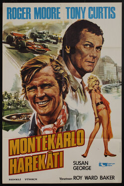 movie poster with the faces of two men, a woman standing in a bikini, cars racing, a roulette wheel, and a city