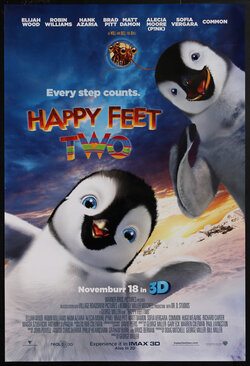 a movie poster with two smiling penguins