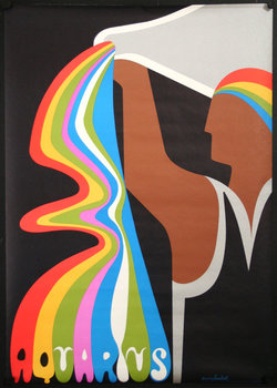 a poster of a person pouring out a jug with rainbow water flowing out