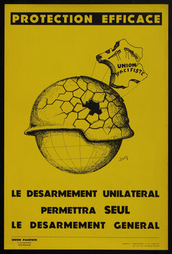 a yellow poster with a cracked globe