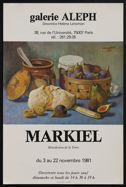 a poster with a painting of a still life table with figs, bread jars of honey and jam, and more figs in a basket.