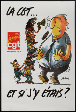 a poster of a cartoon of a man facing at a column of people stacked on each others shoulders the top person yelling into a bullhorn