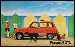 a red car with a dog and a black dog in front of it