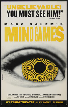 Poster with text and a giant eye with a maze inside of it's iris.