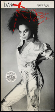 music poster with new wave fonts and a photograph of singer Diana Ross with a popped collar, lots of eyeliner, big hair and metallic jeans