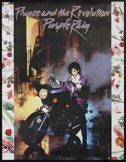 Singer Prince on a purple motorcycle with a woman in a doorway in the background