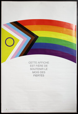 Poster with an LGBTQIA+ Rainbow/ Progress Pride Flag.