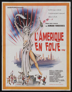 movie poster with a sexy statue of liberty with a bare breast holding a bottle of champagne and revelers at her feet