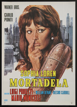 a movie poster of a woman touching her nose and a mortadella sausage in front of her.