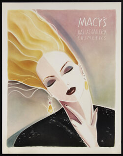 poster with a woman's abstract face with her hair blowing upwards and her hand on her neck