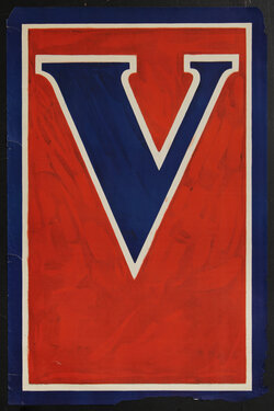 a red and blue sign with a blue v